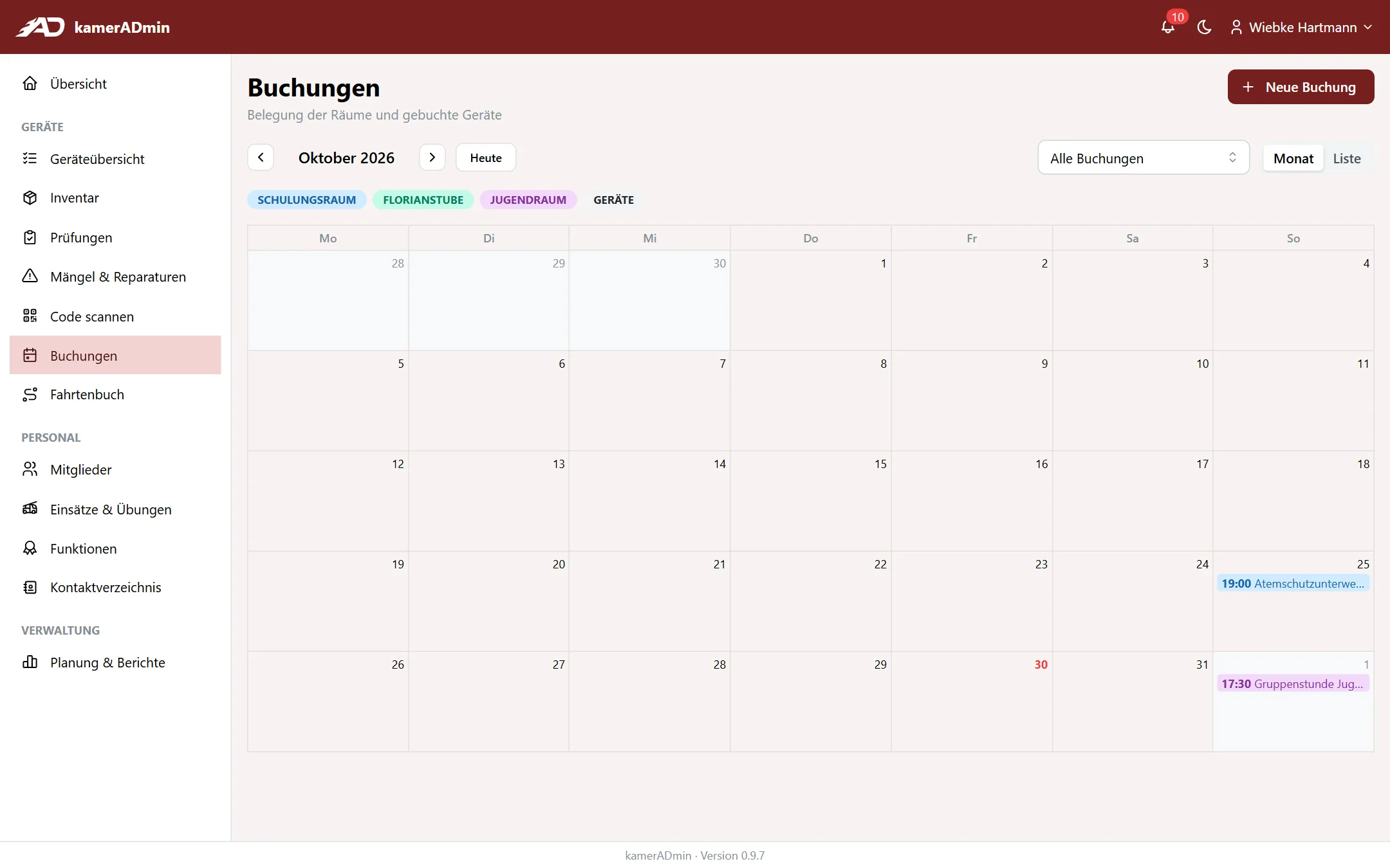 Monatskalender der Buchungen mit belegten Räumen
