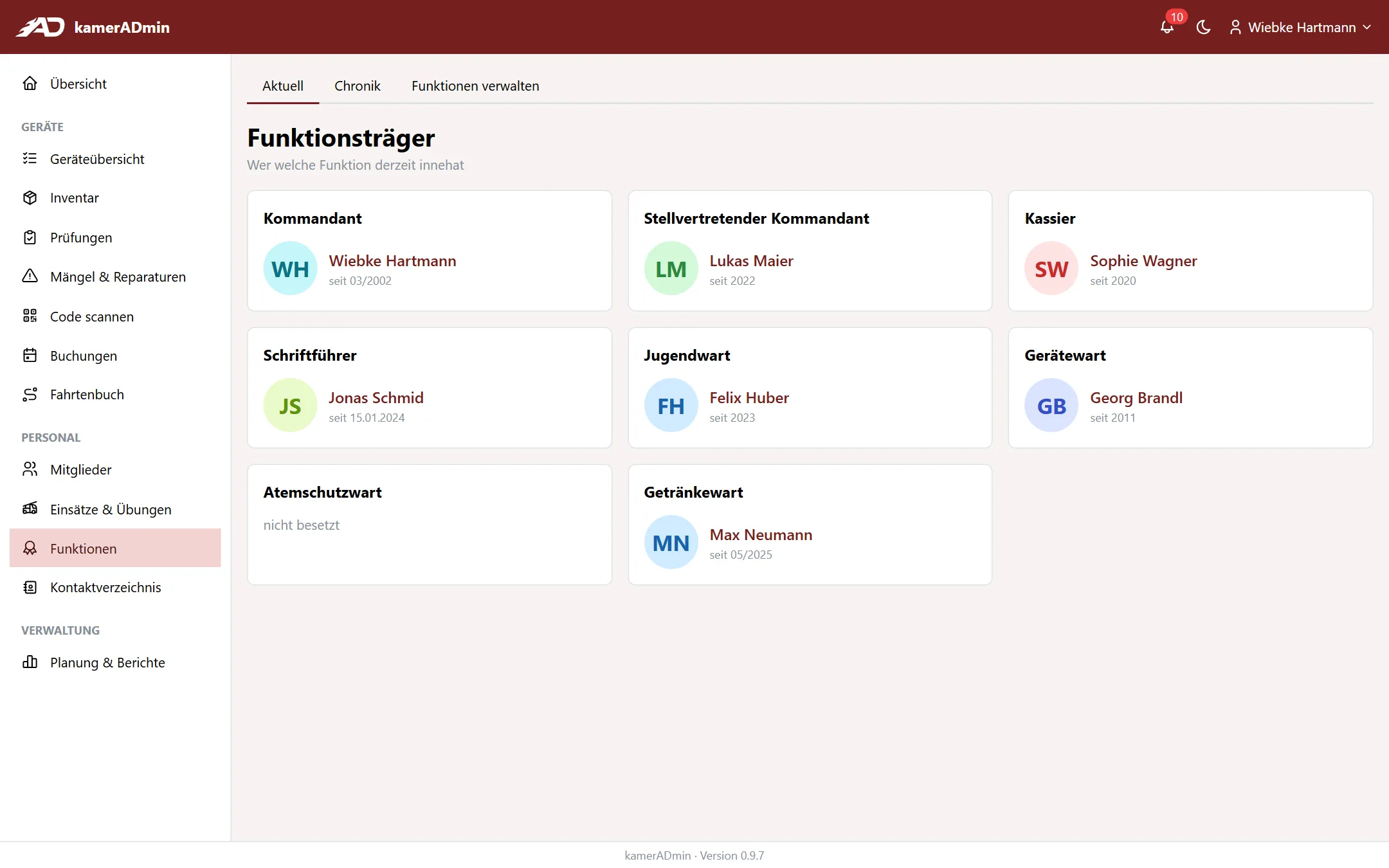Übersicht der aktuellen Funktionsträger wie Kommandant und Kassier