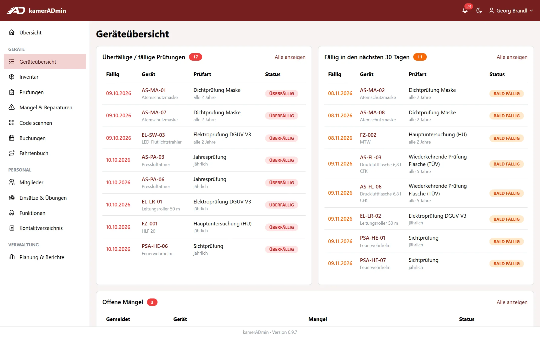 Geräteübersicht mit fälligen Prüfungen