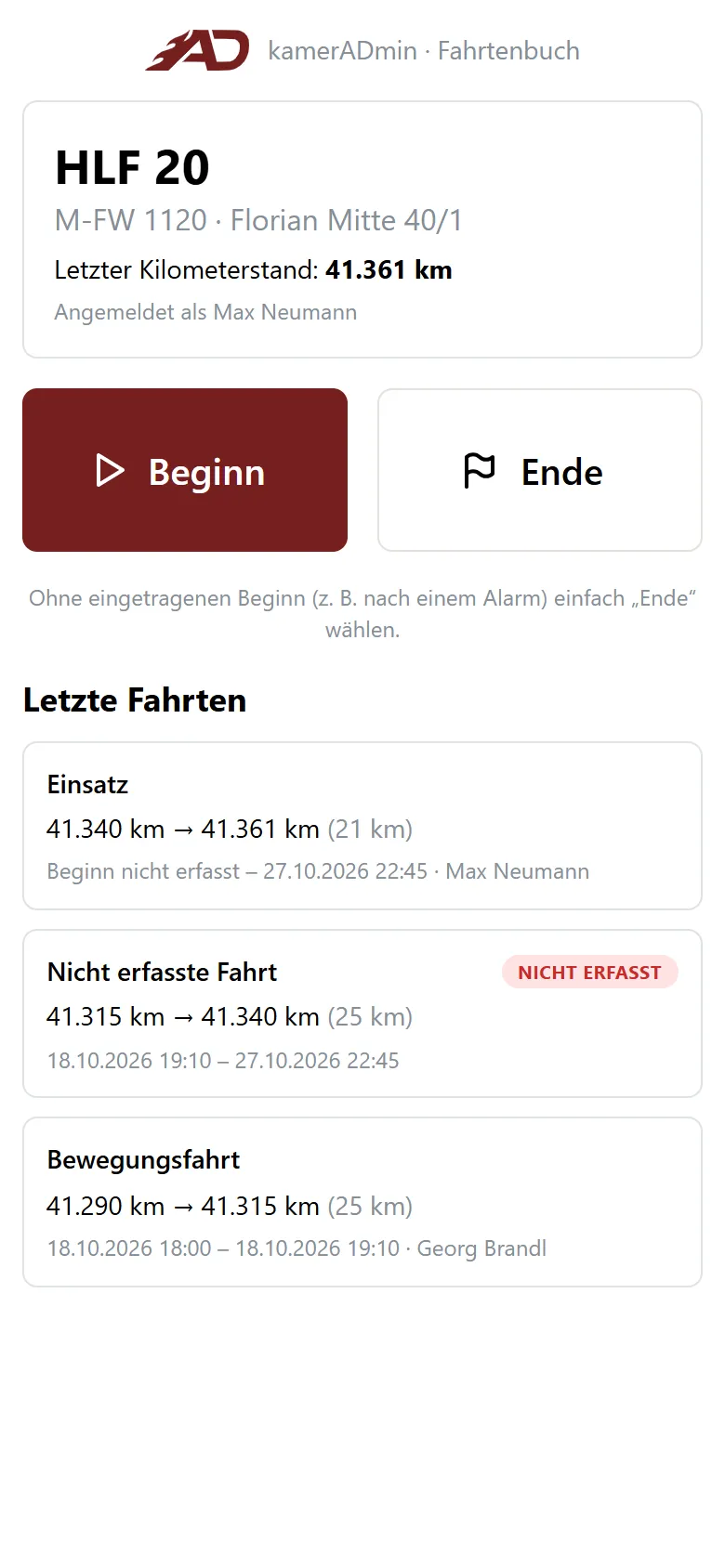 Fahrtenbuch am Handy mit Beginn, Ende und den letzten Fahrten