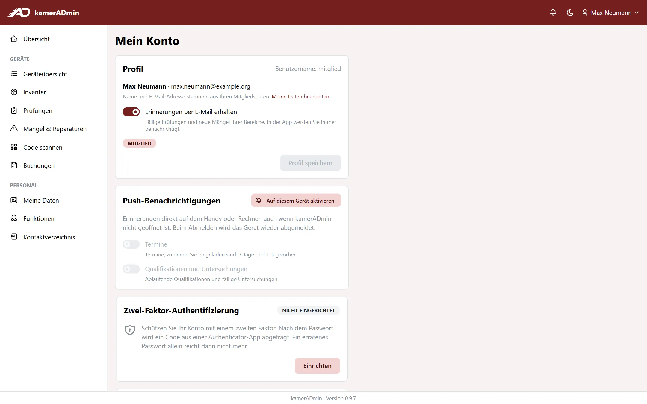 Mein Konto mit Push-Benachrichtigungen und Zwei-Faktor-Authentifizierung