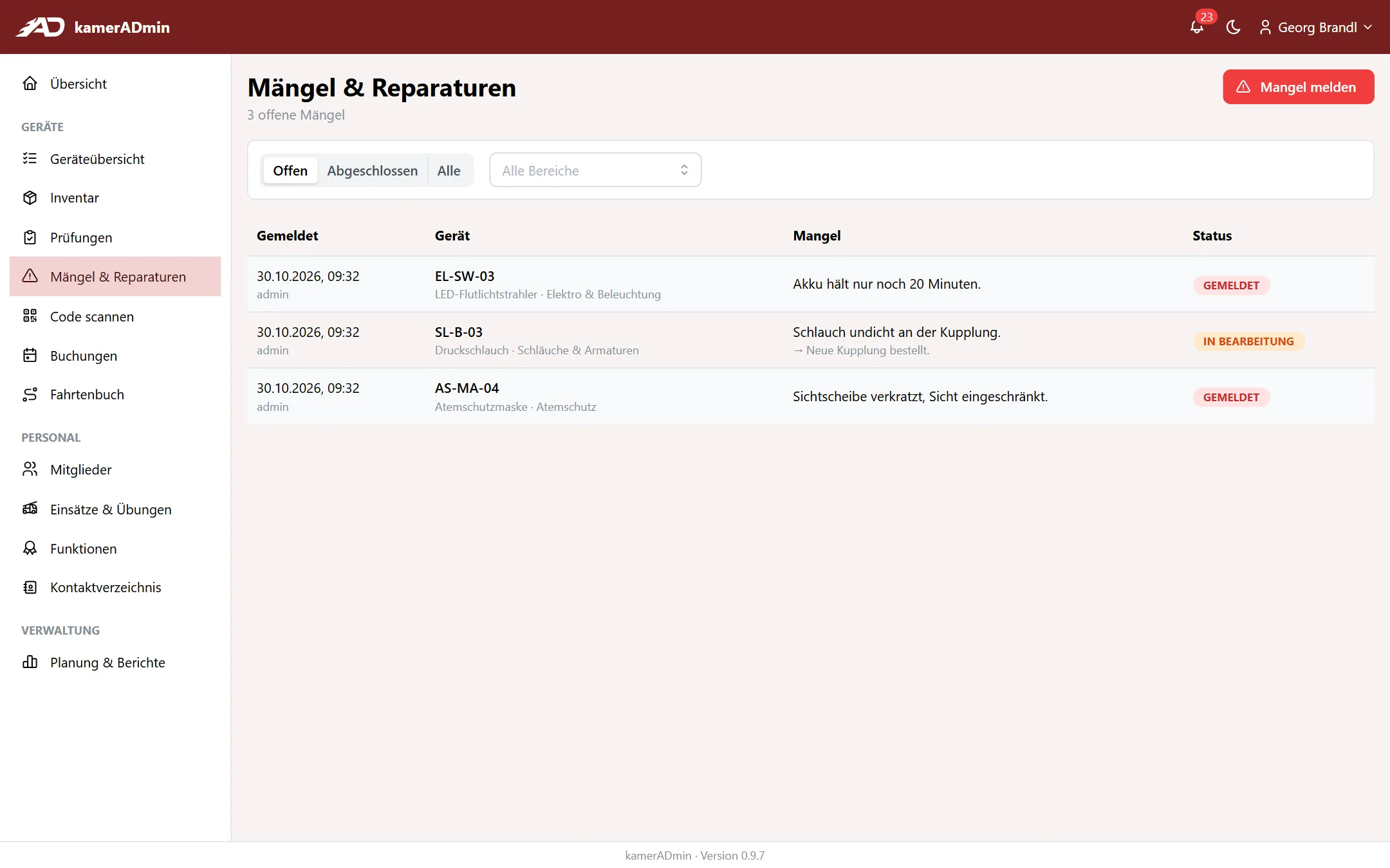 Seite Mängel und Reparaturen mit offenen Mängeln und ihrem Status