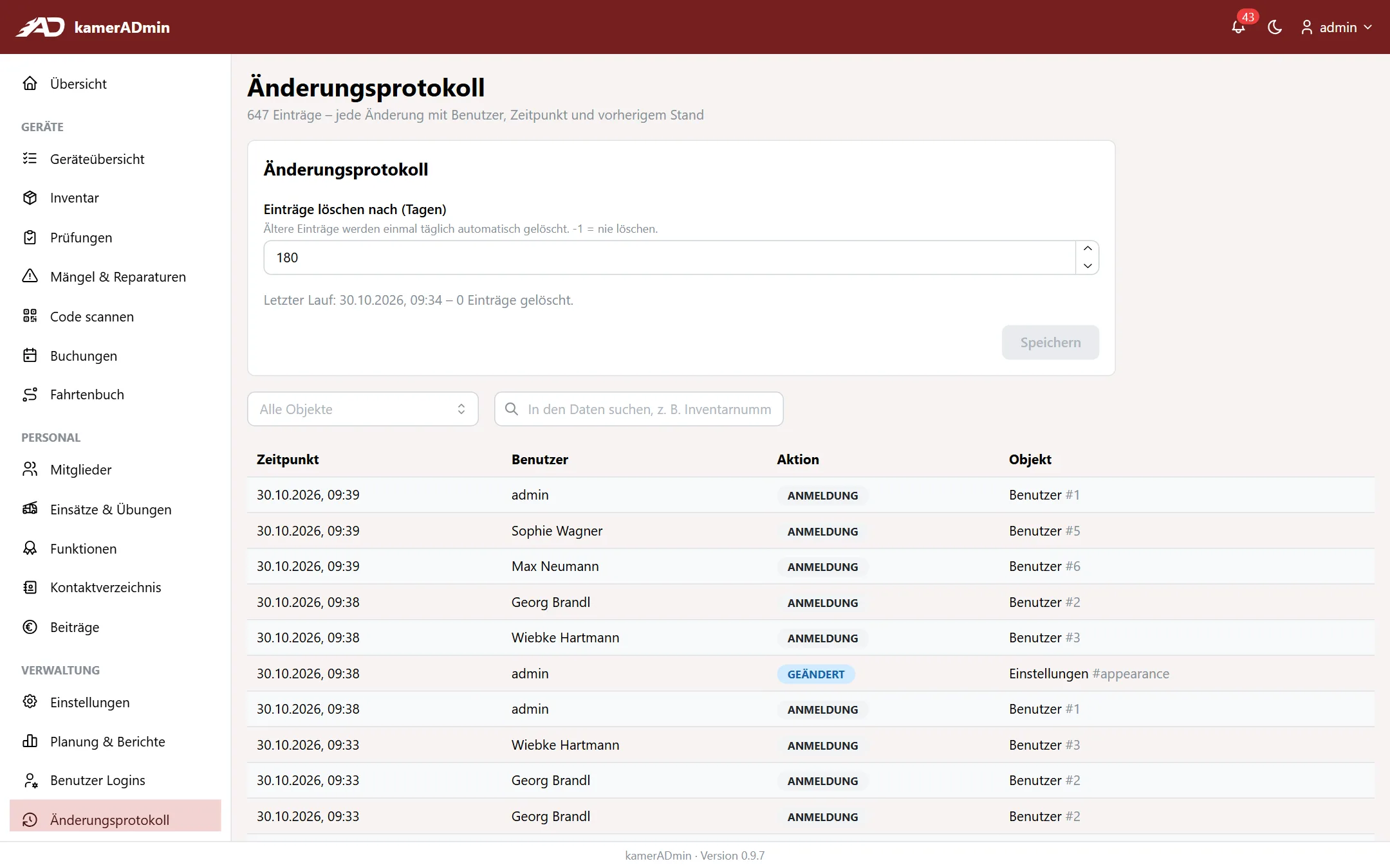 Änderungsprotokoll mit Zeitpunkt, Benutzer, Aktion und Objekt